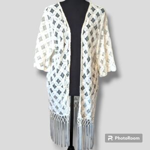 See You Monday Crochet Cardigan Kimono-Medium-Fringe-Swim Coverup-3/4 Sleeve